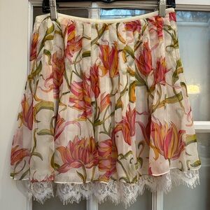 Mary Lucille Anthropologie 100% Silk Elegant Floral A-Line Skirt Lace Hem Size 8